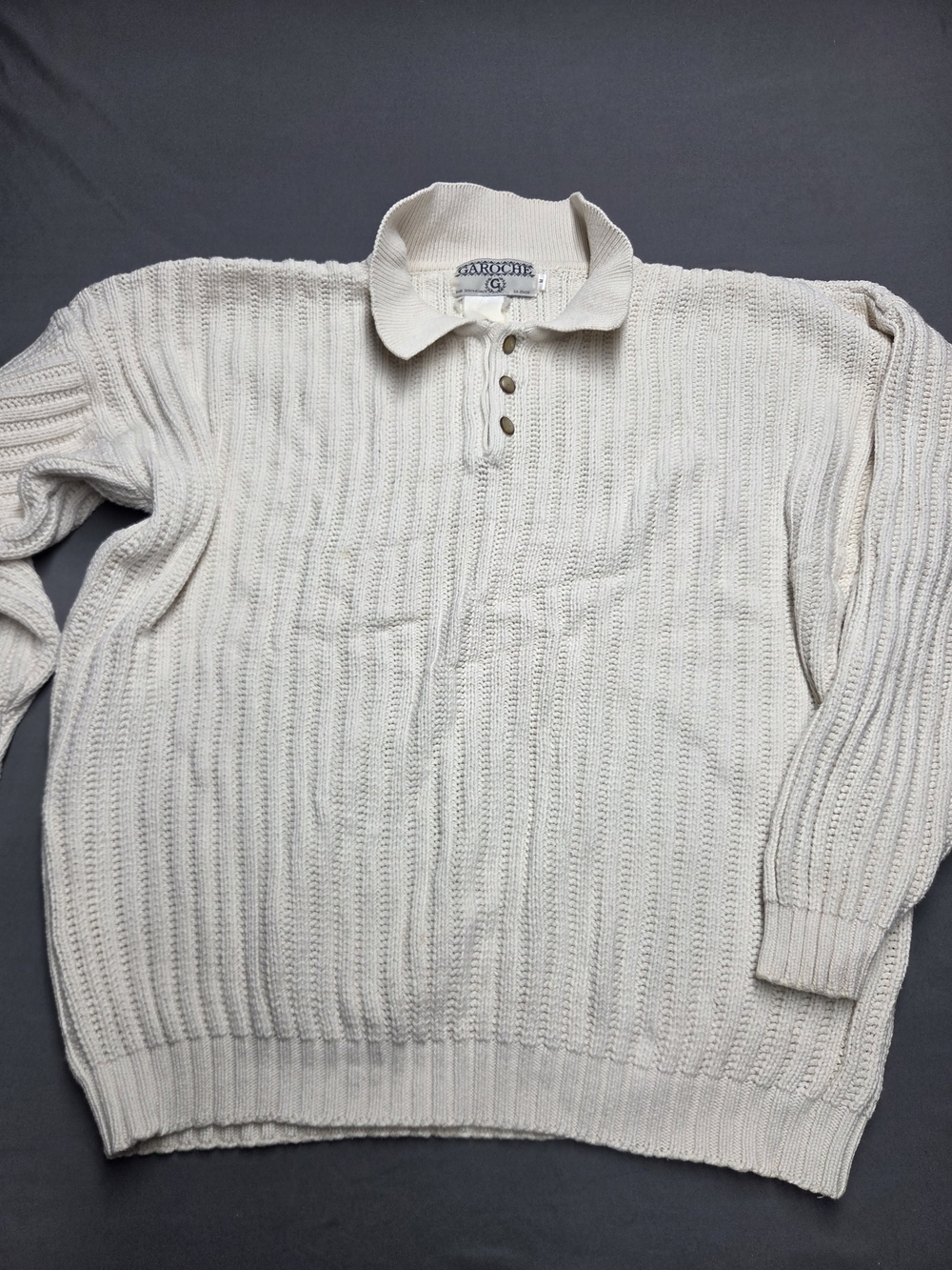 Vintage 80s Garoche Cable Knit Polo Sweater Cream Off White Size  [ M ] Rare